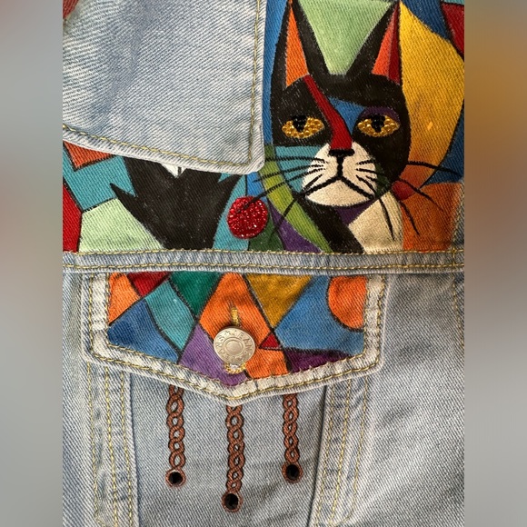 Handpainted modern art cubist style on denim jean jacket OOAK sz SM/MD - Picture 3 of 11